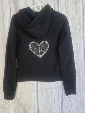 Vintage Y2K Twisted Heart rhinestone peace sign heart zip-up hoodie Size Medium